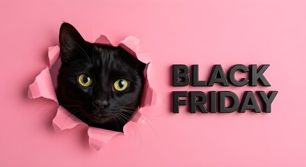 Whimsical Black Friday Sale Promotion with a Cat Emerging from a Pink Hole