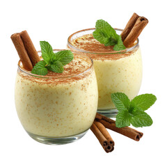 Creamy eggnog drinks dusted with cinnamon and garnished with mint and cinnamon sticks, isolated on a transparent background