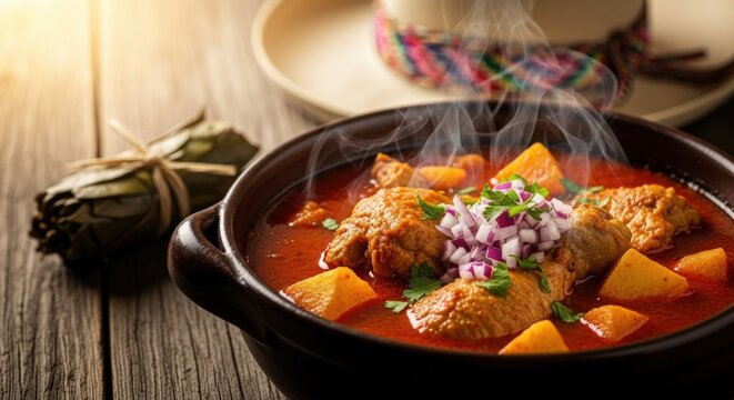 Spicy Bolivian Fricas&eacute; &ndash; Pork-Free Chicken Stew with Chu&ntilde;o in Ceramic Pot, Woven Hat & Coca Leaf Bundle