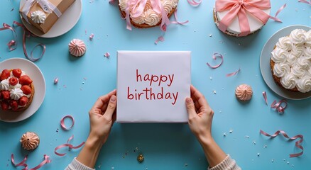 Top view of hands holding a wrapped birthday gift surrounded by cakes, cupcakes, and ribbons on a pastel blue table. Bright and joyful celebration concept symbolizing happiness, love, and festivity.