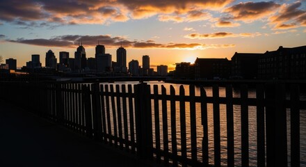 Urban skyline silhouette at golden hour painting picturesque scenery and warmth of cityscape