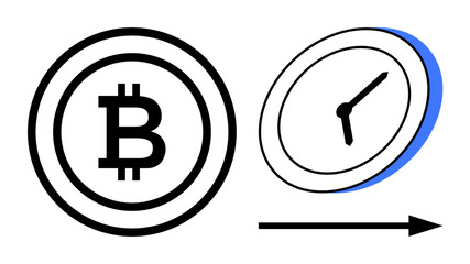 Bitcoin coin beside a clock and arrow, representing time value, cryptocurrency, blockchain efficiency, digital currency, technology progression. Ideal for blockchain, fintech, investing concepts in