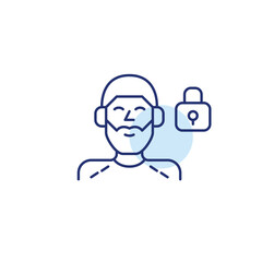 Man in headphones and lock. Secure podcast and audio connection. Pixel perfect, editable stroke vector icon