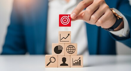 Achieving Business Goals Strategic Planning for Success with Wooden Block Pyramid