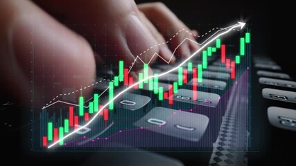 A close-up view of a hand on a keyboard as financial graphs and market data illuminate the background, showcasing digital trading strategies and economic analysis. Copula - Powered by Adobe