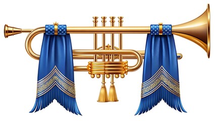 Ornate golden trumpet adorned with blue and silver fringe banners