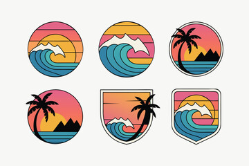 Colorful Retro Surf and Beach Badge Set Vintage Summer Vector with Palm Trees, Waves and Surfboards