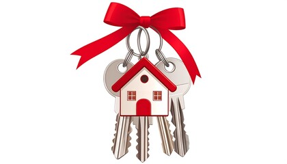 A set of shiny keys, complete with a miniature house charm and a bright red bow, symbolizes homeownership on a crisp white background