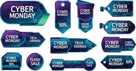 Cyber Monday sale tag illustration—futuristic promotional labels with neon gradients, circuit patterns, and bold text for online shopping visuals