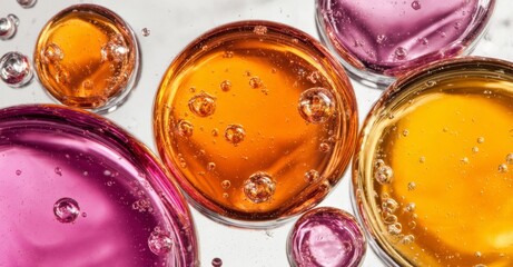 Multicolored spheres of varying sizes are positioned in a row, with each sphere boasting a central core of pink or orange