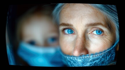 A woman with striking blue eyes and gray hair is in focus, her lower face covered by a blue medical mask, with a blurred child also wearing a mask visible behin