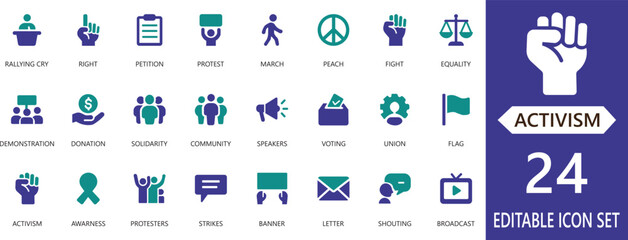 Powerful activism and protest solid icon set symbolizing unity, equality, and social change. Ideal for campaigns, awareness projects, and human rights designs.