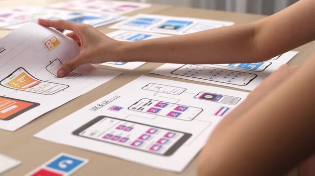 Startup company employee planning for user interface prototype for mobile application or website in office with model of program on desk. UX UI designer consider user friendly interface plan. Synergic