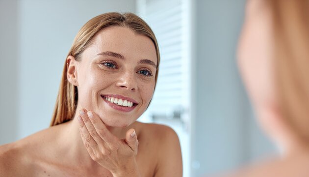 Woman smiling at herself in the mirror during morning skincare routine
