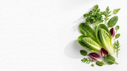 Fresh mixed greens and herbs arranged on a white background  