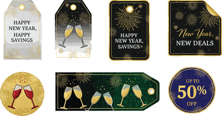 New Year sale tag illustration—festive promotional labels with champagne, fireworks, and glitter accents for seasonal retail and marketing visuals