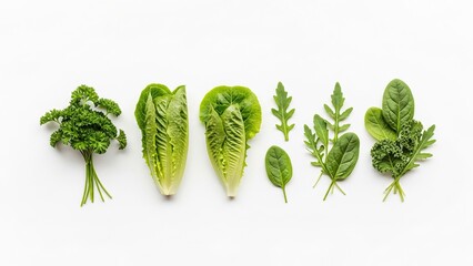 Fresh green leafy vegetables arranged in a flat lay on white background  