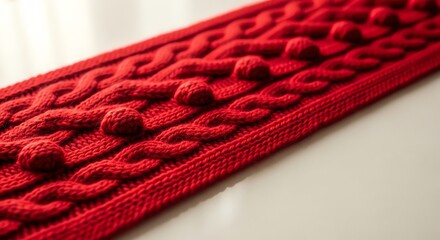 Red knitted textile with cable and bobble pattern