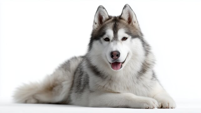 Husky dog lying calmly on a white background looking relaxed and content