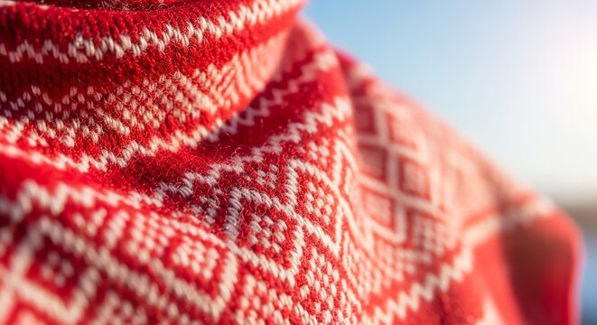 Red knitted sweater with traditional Nordic pattern