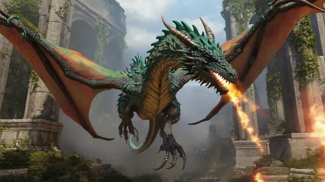 A dragon with green scales and orange wings flying and breathing fire near stone ruins outdoors dragon video