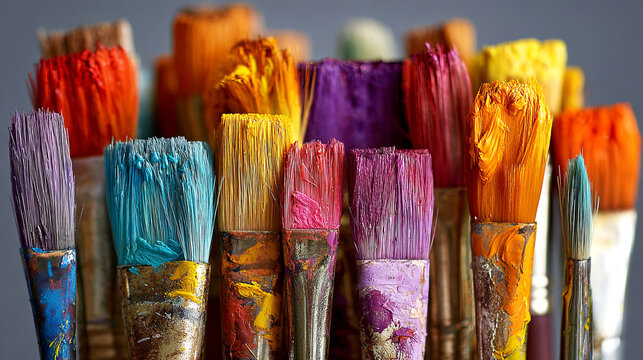 Vibrant collection of paintbrushes with colorful bristles arranged closely together, showcasing various hues and textures, perfect for artistic expression and creativity in visual arts