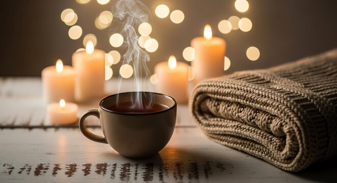 Warm drink with candles and cozy blanket