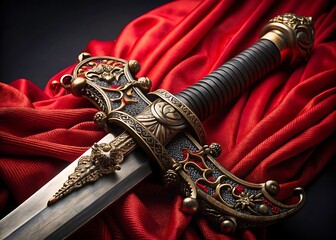 Ornate antique sword resting on luxurious red velvet fabric
