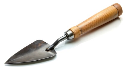 Gardening trowel with wooden handle on white background