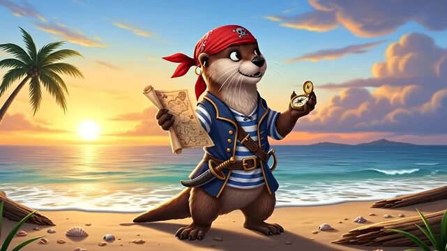 Otter Pirate at Treasure Beach: A cartoon pirate otter with a map, a compass and wearing red bandana stands on a sandy beach. A palm tree with ocean scenery in the background 