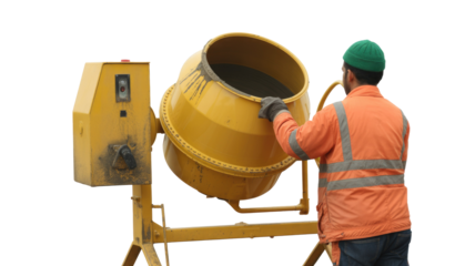 A construction worker in a high-vis jacket and green beanie operates a yellow concrete mixer, preparing materials for building projects. background removed