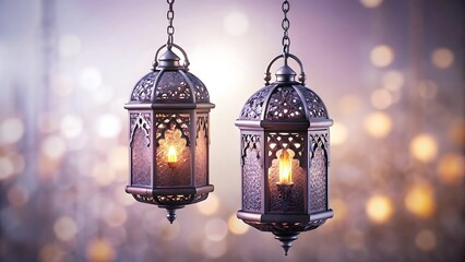 Two ornate islamic lanterns hanging with soft bokeh lights in the background