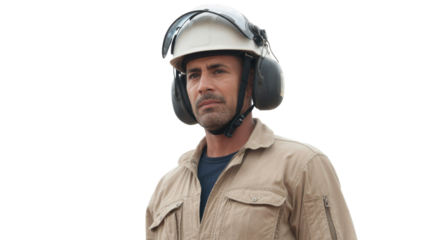 A serious man in work uniform, wearing a hard hat with a face shield and ear protection, looking intently to the left. background removed