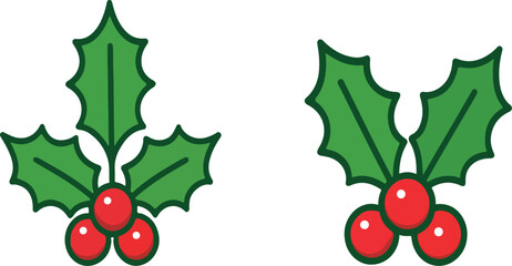 Christmas Holly Berry Icons Set – Festive Green Leaves and Red Berries Vector Illustration.