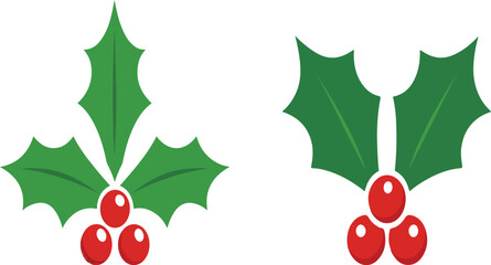 Christmas Holly Berry Icons Set – Festive Green Leaves and Red Berries Vector Illustration.