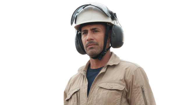 A serious man in work uniform, wearing a hard hat with a face shield and ear protection, looking intently to the left. background removed - Powered by Adobe