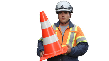 A focused male worker in a white hard hat and high-visibility jacket holds a traffic cone, ready for safety tasks. background removed