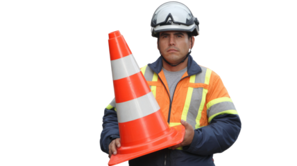 A focused male worker in a white hard hat and high-visibility jacket holds a traffic cone, ready for safety tasks. background removed