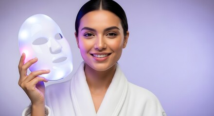 Woman using an LED face mask for skincare therapy against a lilac background