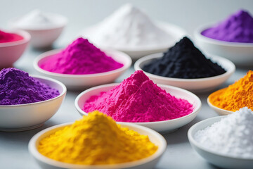 Colorful Holi Powder Piles in Bowls a Vibrant Display of Pigments and Cultural Celebration