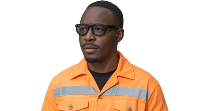 A focused Black man in an orange safety shirt with reflective stripes and black glasses. He looks thoughtfully off-camera. background removed