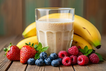 Delicious banana smoothie with mixed berries strawberries blueberries and raspberries on rustic wooden background for healthy living and nutrition