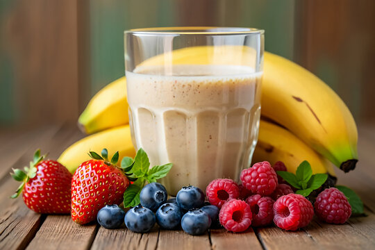 Delicious banana smoothie with mixed berries strawberries blueberries and raspberries on rustic wooden background for healthy living and nutrition