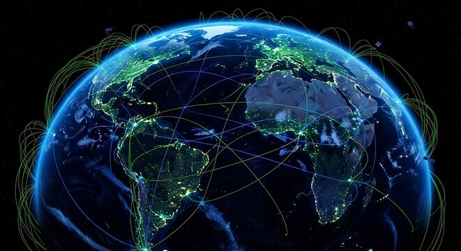 Global network connections light up the Earth at night, symbolizing a connected world with vibrant digital pathways and satellite links for seamless communication and data flow - Powered by Adobe
