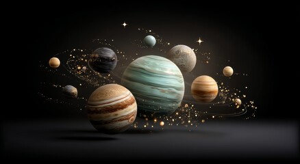 The solar system's planets are painted with a blue sky and flowers, and the artwork is replete with numerous stars and planets