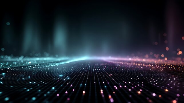 Purple-teal glowing digital circuit mesh at the bottom with central blank area for title and data points, ideal for tech-driven business and marketing presentations