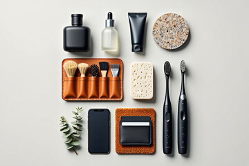 Elevated Daily Essentials Flat Lay Minimalist Style Top View Featuring Grooming Items and Modern Technology