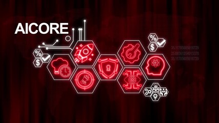 AICORE Digital Technology Network with Futuristic Icons and World Map Background AICORE