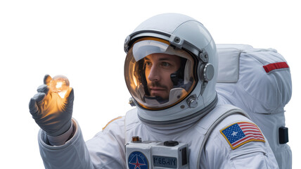 Astronaut in a white spacesuit holds a glowing, miniature planet-like orb, representing discovery, innovation, and cosmic exploration, looking thoughtfully. background removed