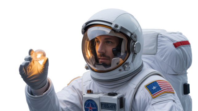 Astronaut in a white spacesuit holds a glowing, miniature planet-like orb, representing discovery, innovation, and cosmic exploration, looking thoughtfully. background removed